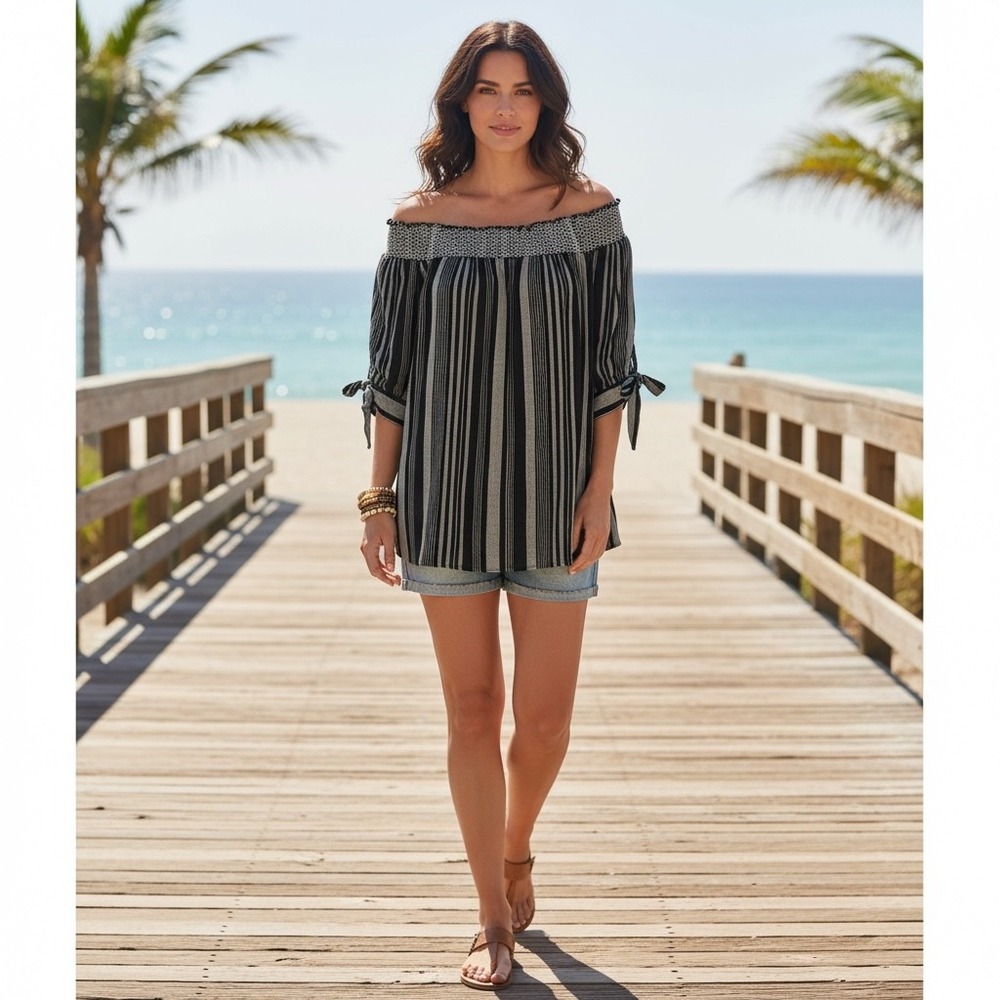 Waimea Off Shoulder Striped Smocked Top Rayon Coastal‎ Boho Peasant Cruise Large